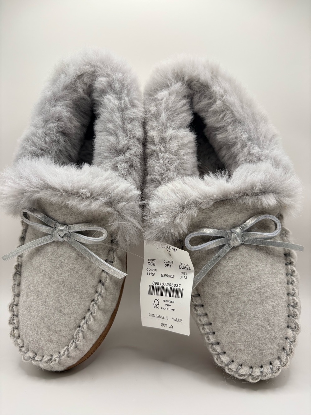 J.Crew Women’s Faux Shearling Grey Moccasin Slipper Size 7